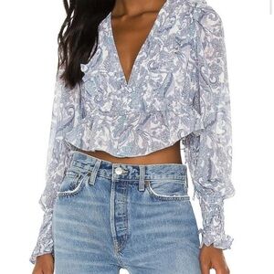 For Love & Lemons Light Blue Paisley V-Neck Ruffle Crop Blouse